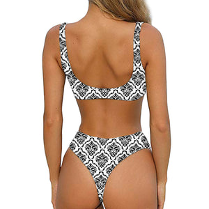 White And Black Damask Pattern Print Front Bow Tie Bikini