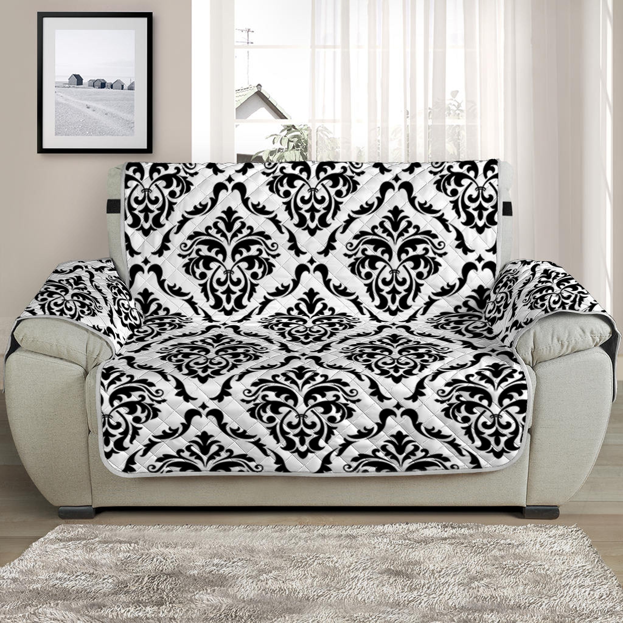 White And Black Damask Pattern Print Half Sofa Protector