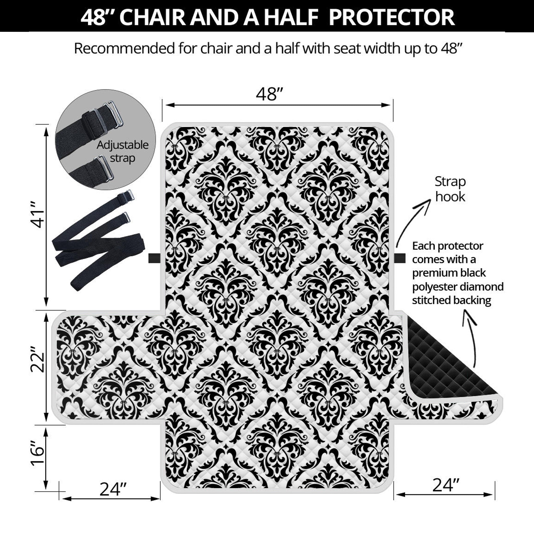 White And Black Damask Pattern Print Half Sofa Protector