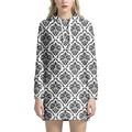 White And Black Damask Pattern Print Pullover Hoodie Dress