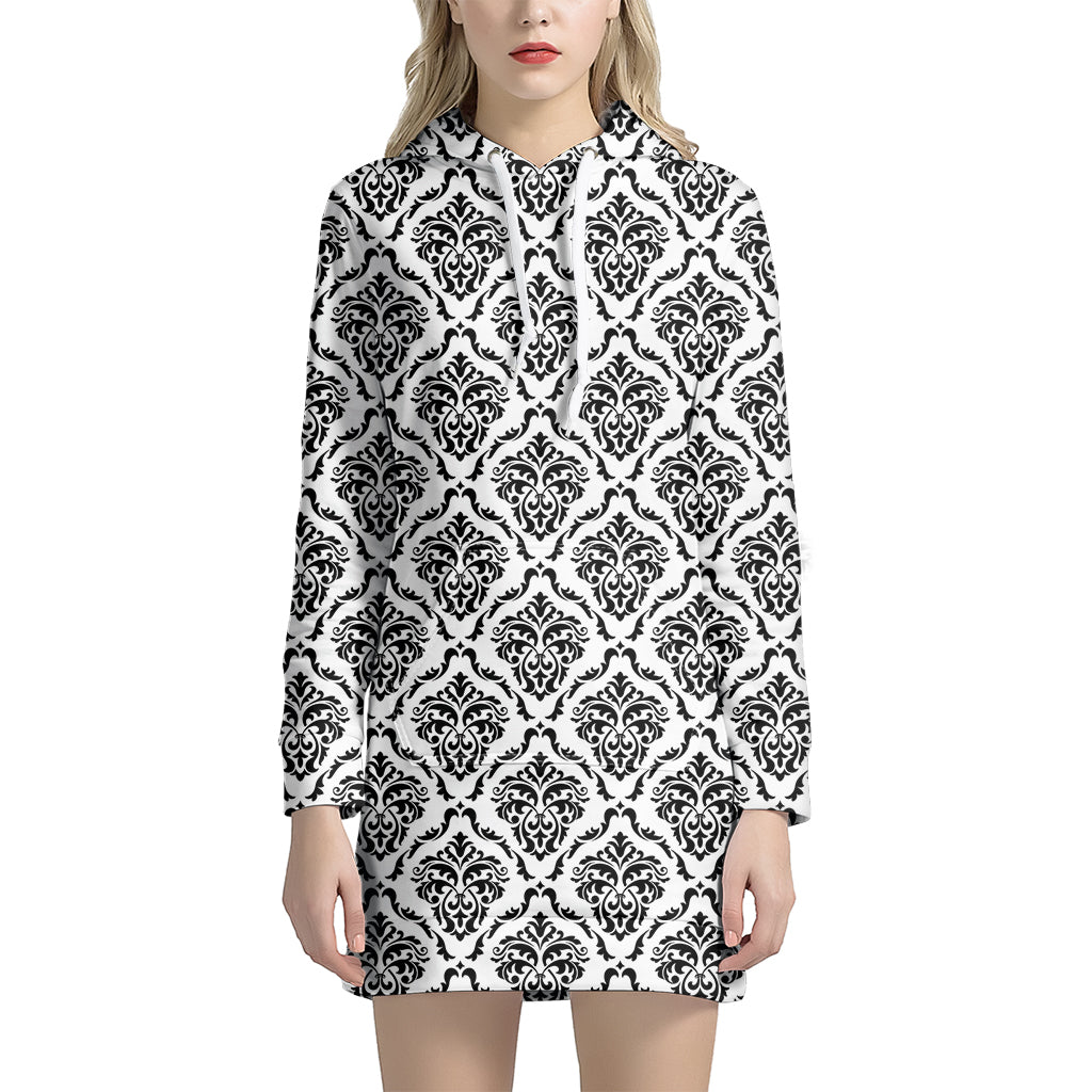 White And Black Damask Pattern Print Hoodie Dress