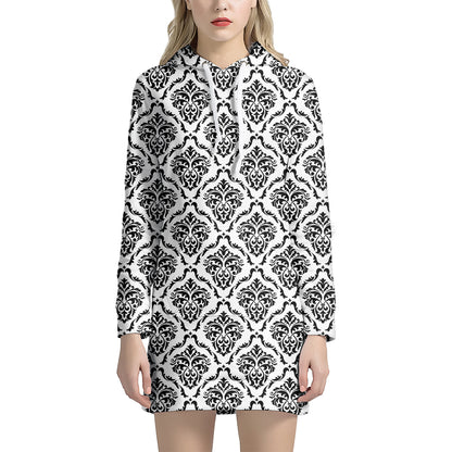 White And Black Damask Pattern Print Hoodie Dress