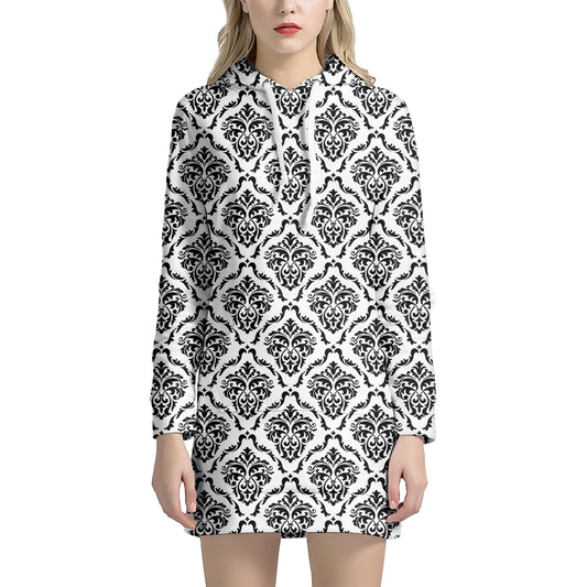 White And Black Damask Pattern Print Hoodie Dress