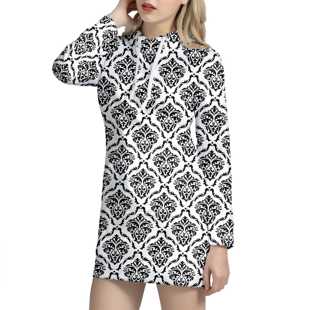 White And Black Damask Pattern Print Hoodie Dress