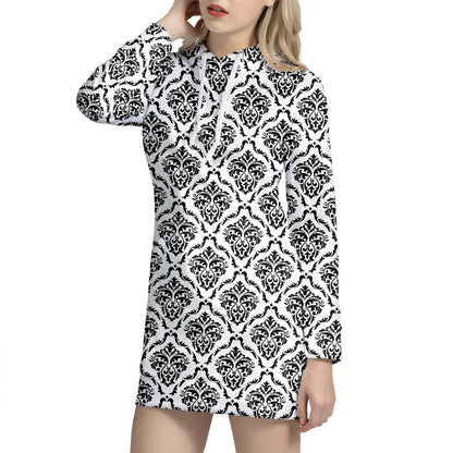 White And Black Damask Pattern Print Hoodie Dress