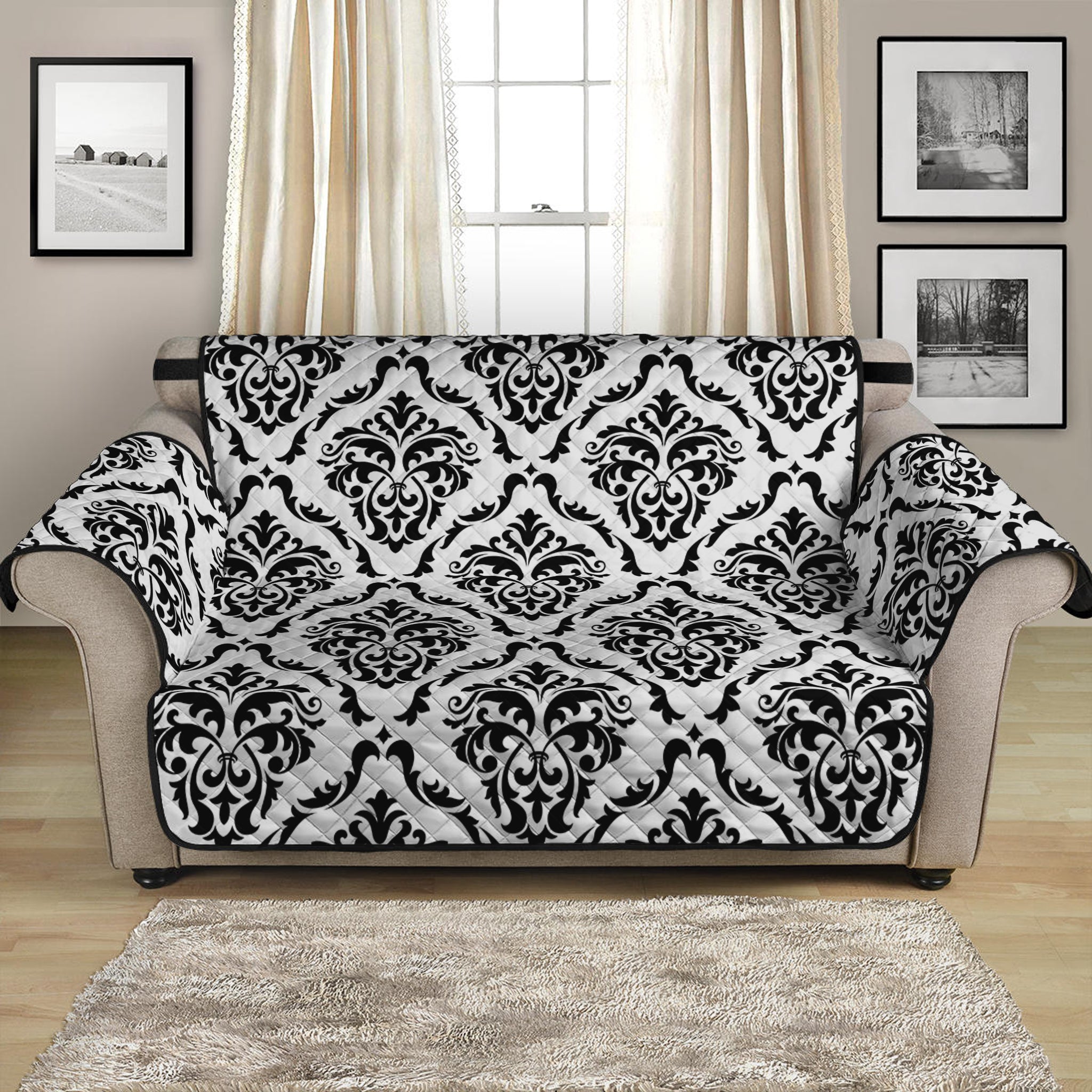 White And Black Damask Pattern Print Loveseat Protector