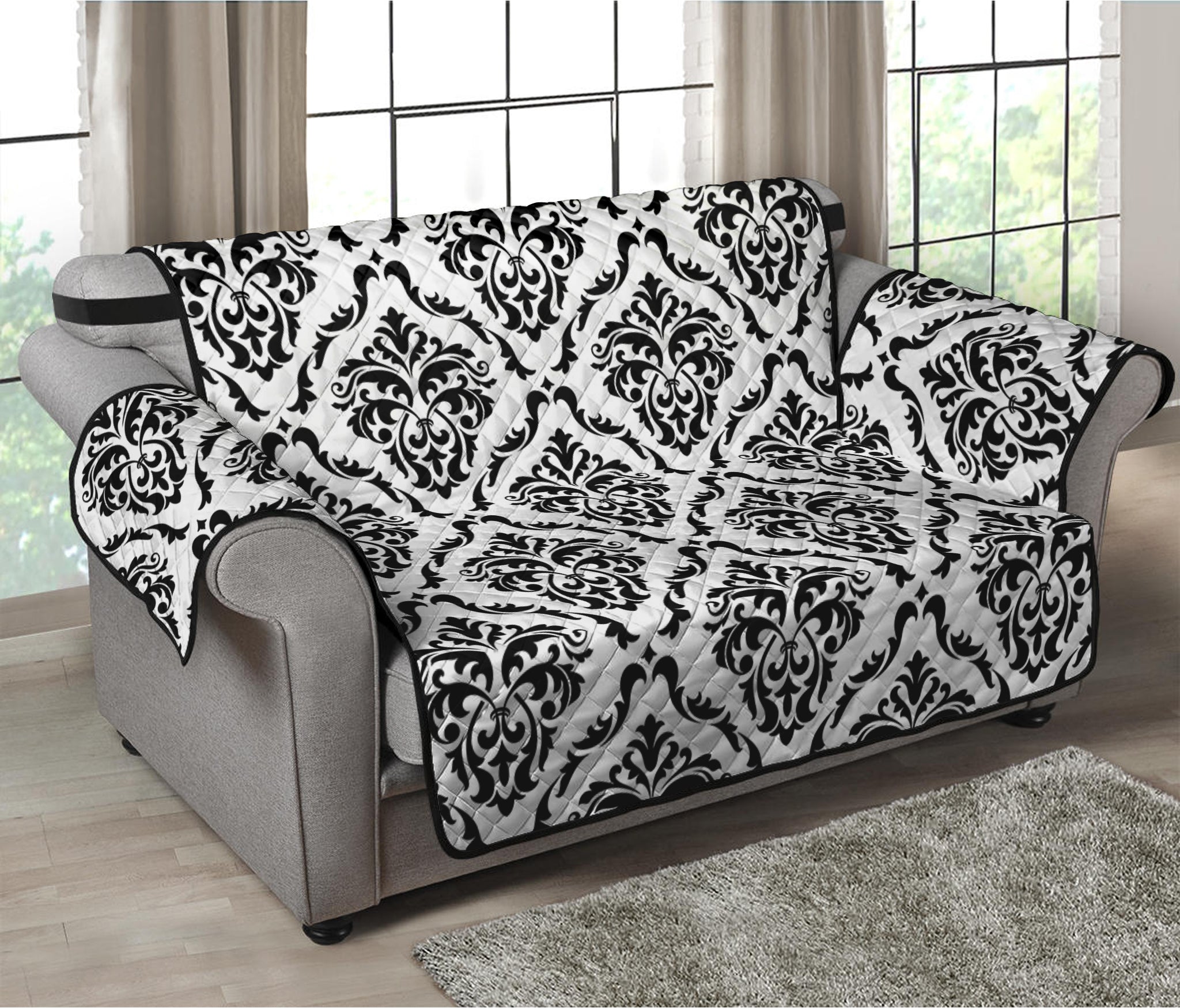 White And Black Damask Pattern Print Loveseat Protector