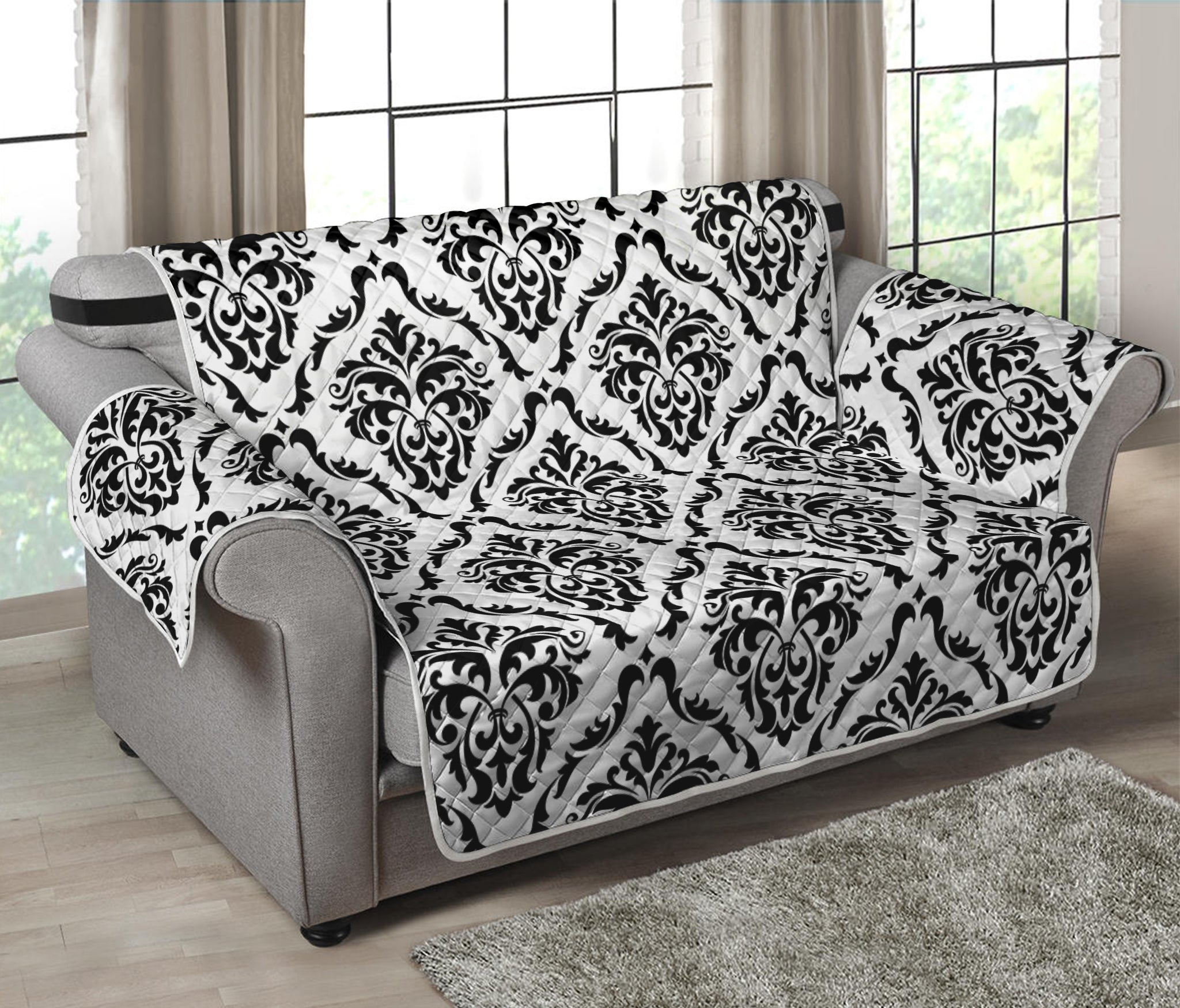 White And Black Damask Pattern Print Loveseat Protector