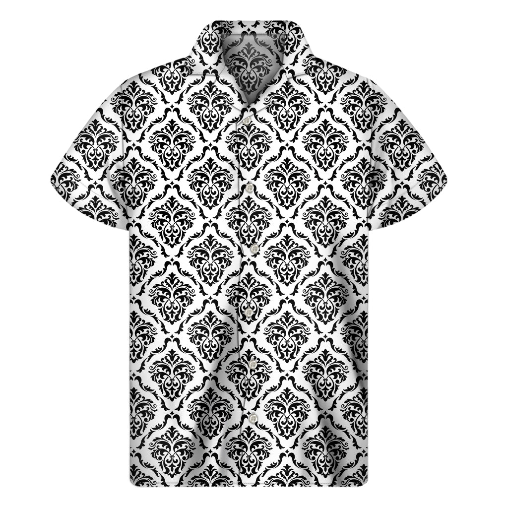 White And Black Damask Pattern Print Men's Short Sleeve Shirt