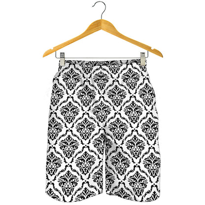 White And Black Damask Pattern Print Men's Shorts