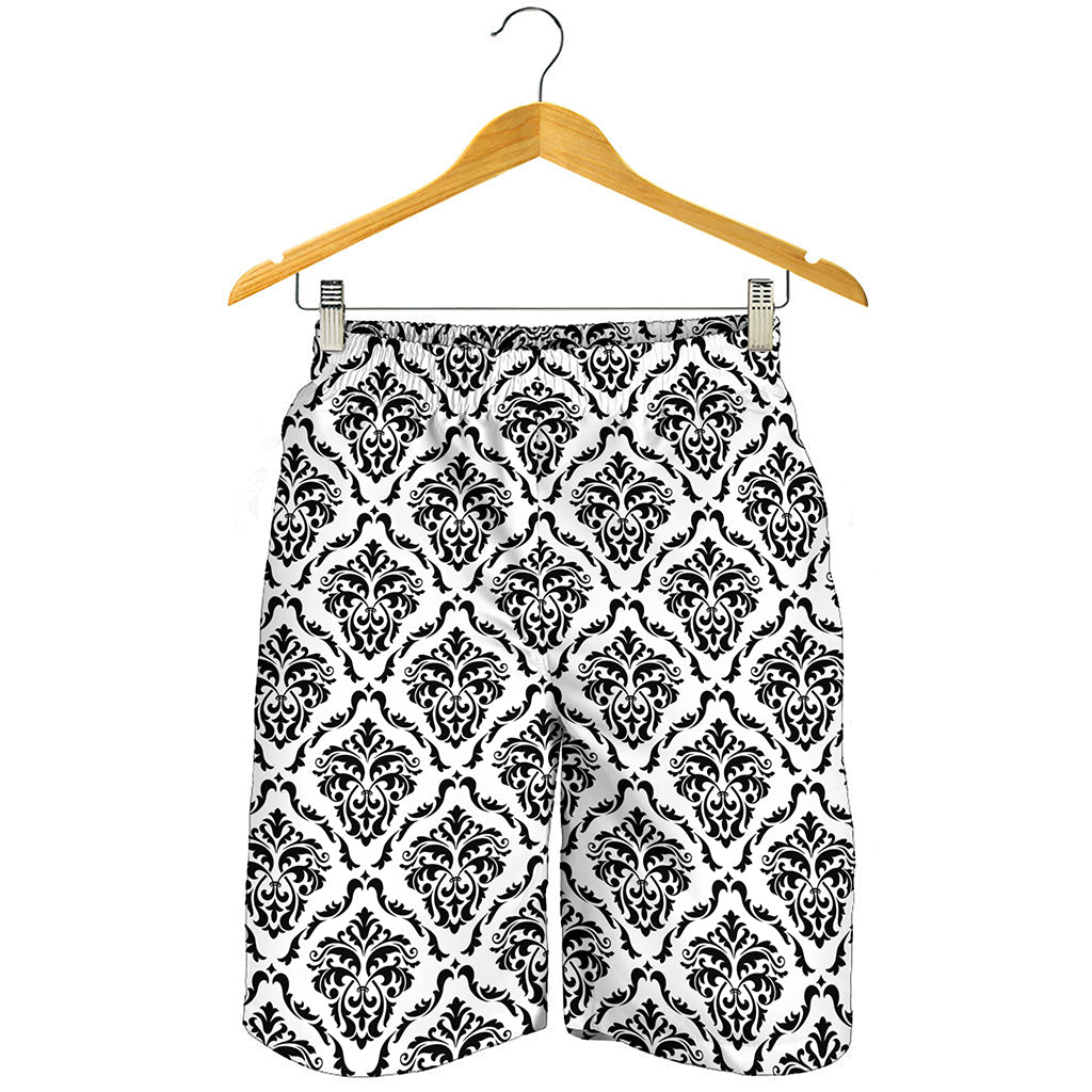 White And Black Damask Pattern Print Men's Shorts