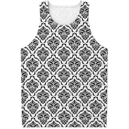 White And Black Damask Pattern Print Men's Tank Top