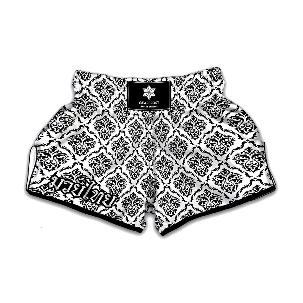 White And Black Damask Pattern Print Muay Thai Boxing Shorts