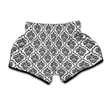 White And Black Damask Pattern Print Muay Thai Boxing Shorts