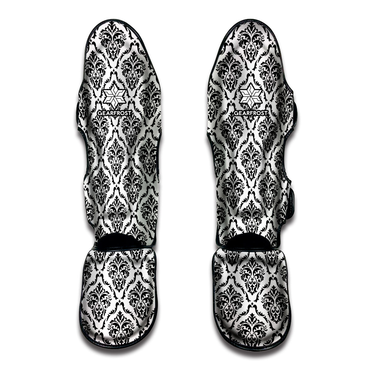 White And Black Damask Pattern Print Muay Thai Shin Guard