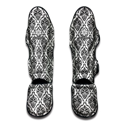 White And Black Damask Pattern Print Muay Thai Shin Guard
