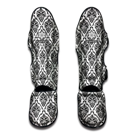 White And Black Damask Pattern Print Muay Thai Shin Guard