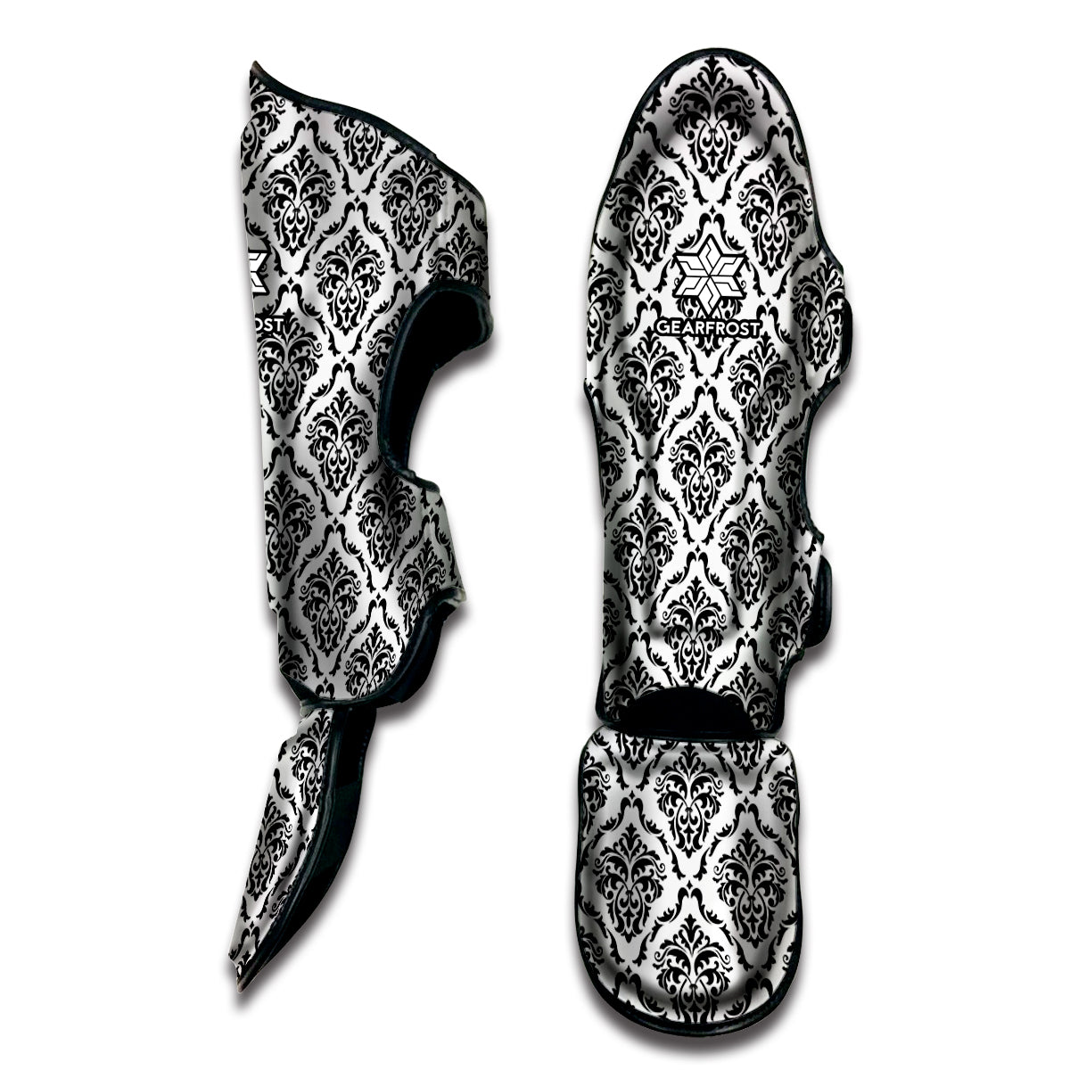 White And Black Damask Pattern Print Muay Thai Shin Guard