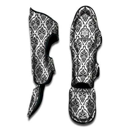 White And Black Damask Pattern Print Muay Thai Shin Guard