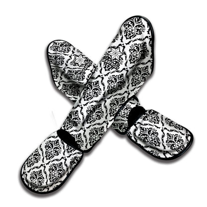 White And Black Damask Pattern Print Muay Thai Shin Guard