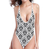White And Black Damask Pattern Print One Piece High Cut Swimsuit