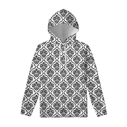 White And Black Damask Pattern Print Pullover Hoodie