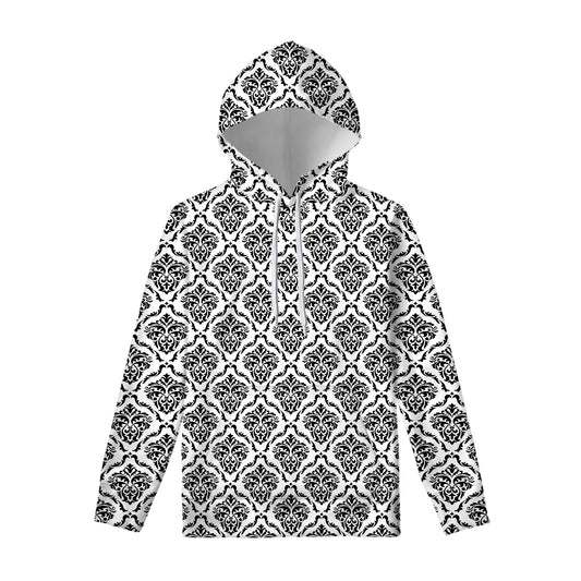 White And Black Damask Pattern Print Pullover Hoodie