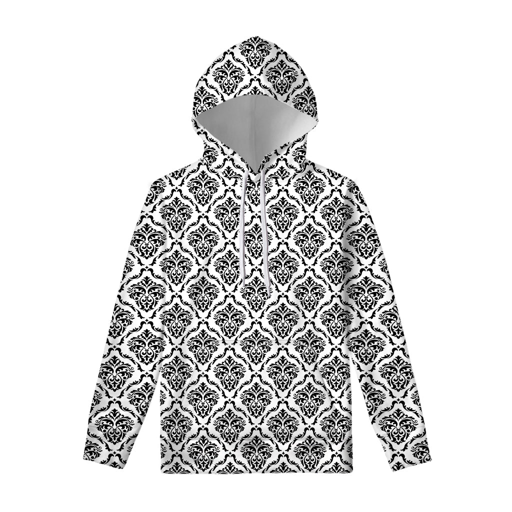White And Black Damask Pattern Print Pullover Hoodie