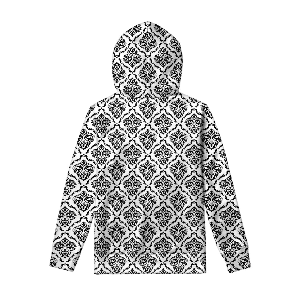 White And Black Damask Pattern Print Pullover Hoodie