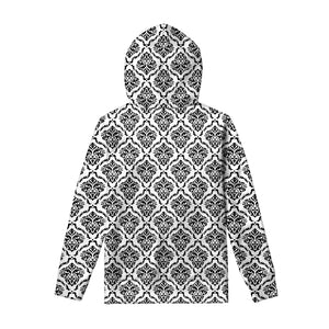 White And Black Damask Pattern Print Pullover Hoodie