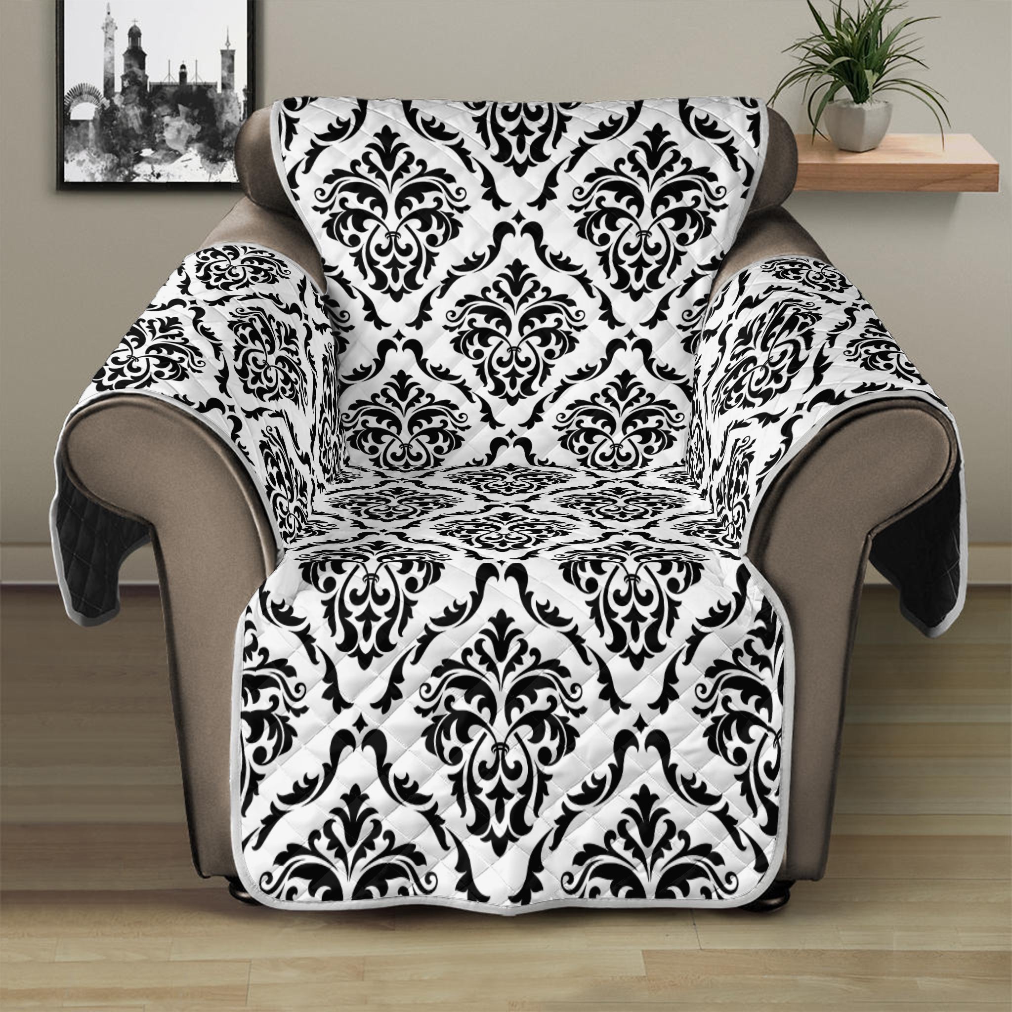 White And Black Damask Pattern Print Recliner Protector