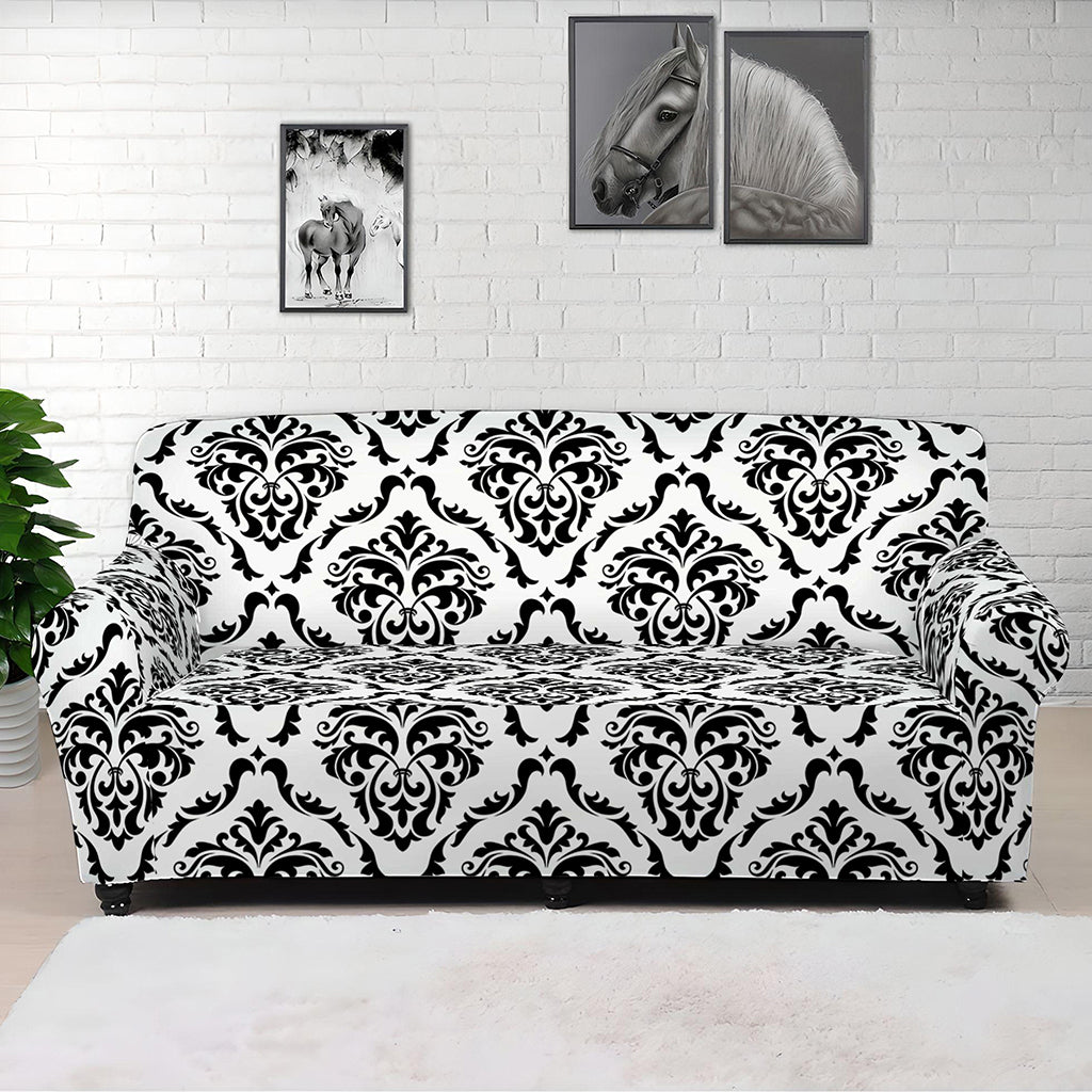 White And Black Damask Pattern Print Sofa Cover