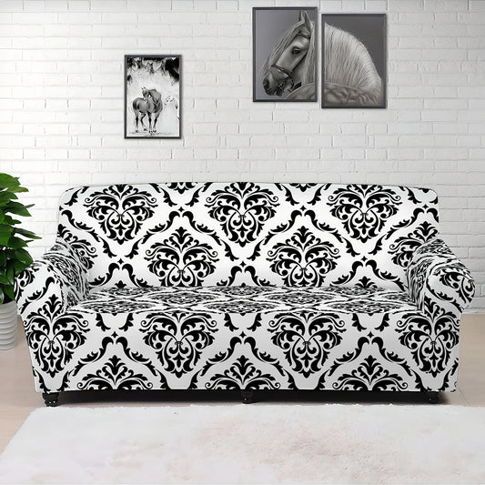 White And Black Damask Pattern Print Sofa Cover