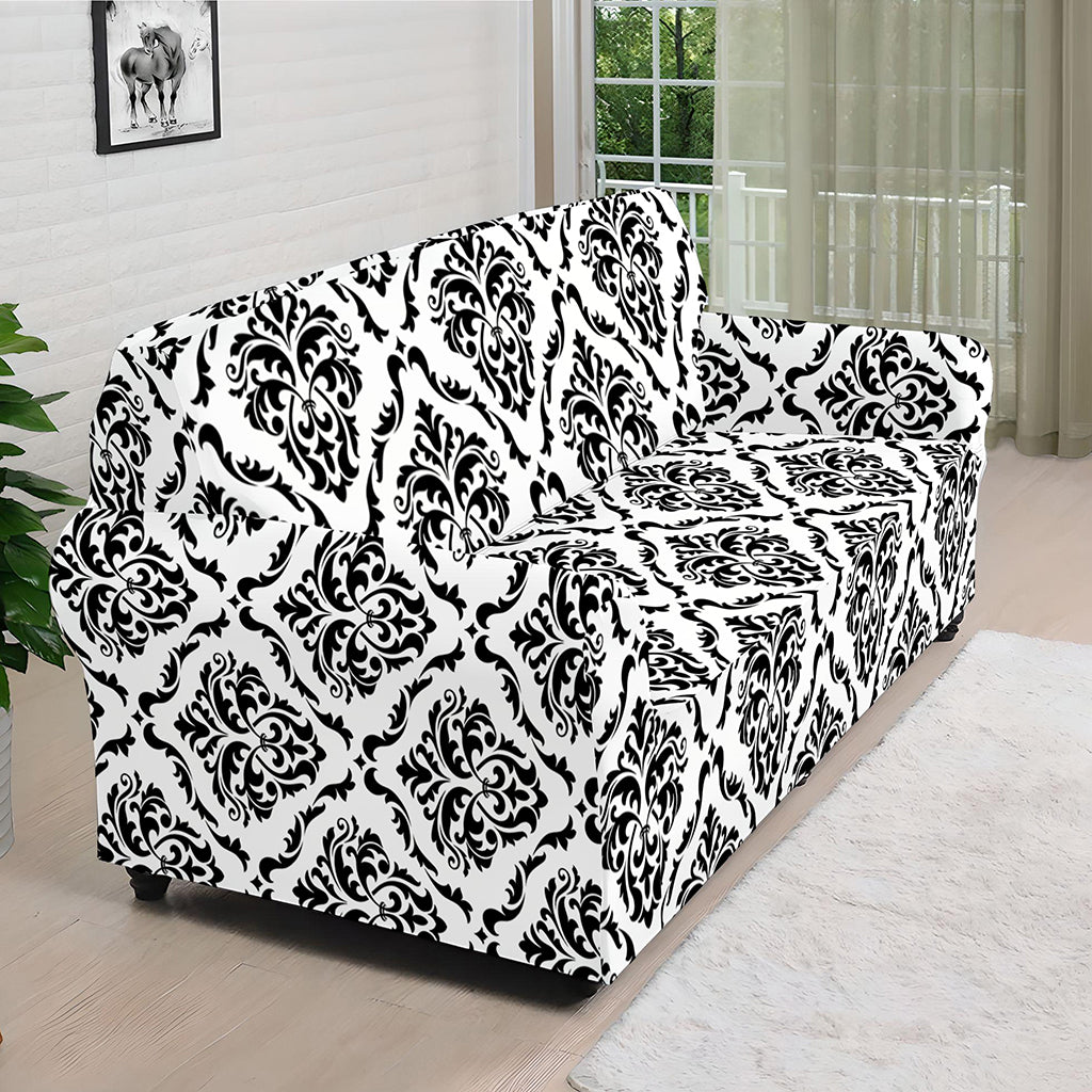 White And Black Damask Pattern Print Sofa Cover