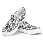 White And Black Damask Pattern Print White Slip On Shoes
