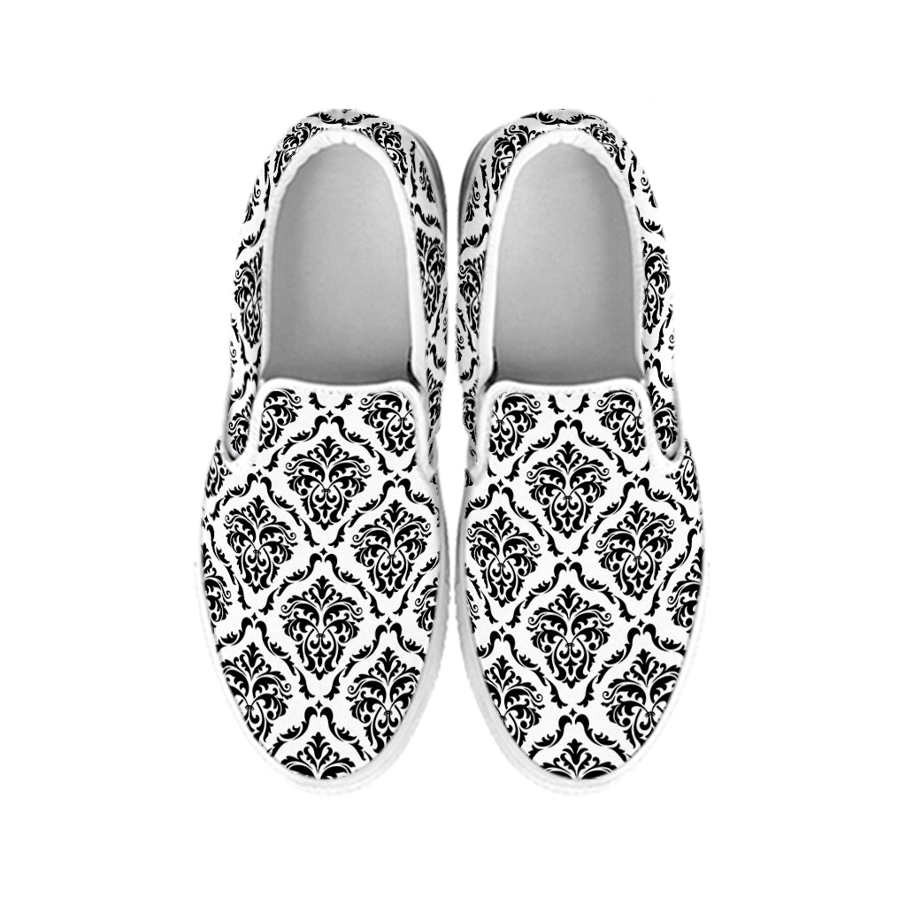 White And Black Damask Pattern Print White Slip On Shoes