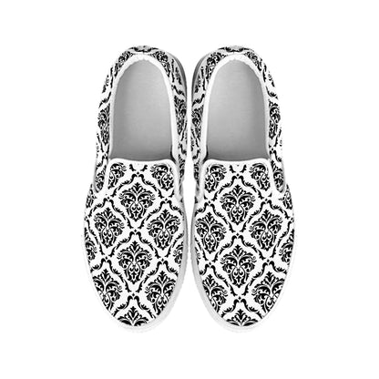 White And Black Damask Pattern Print White Slip On Shoes