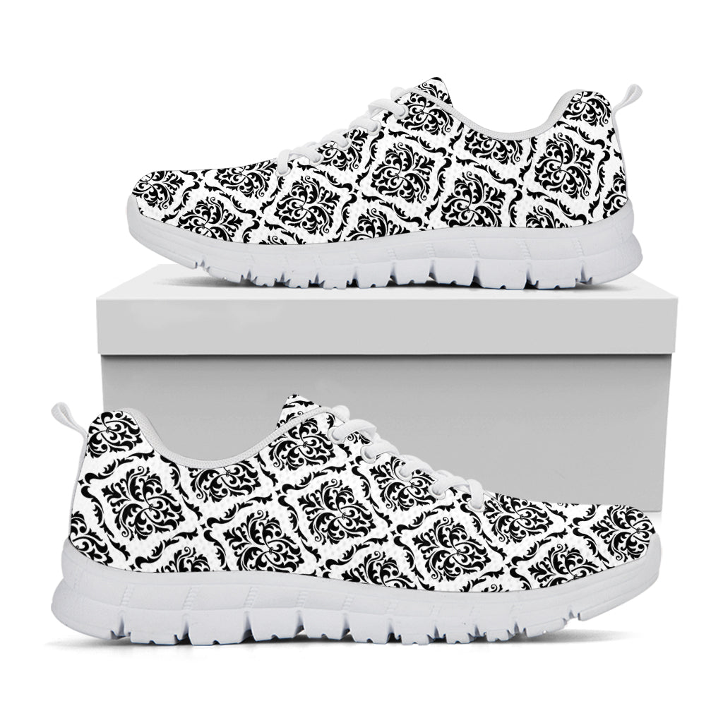 White And Black Damask Pattern Print White Sneakers