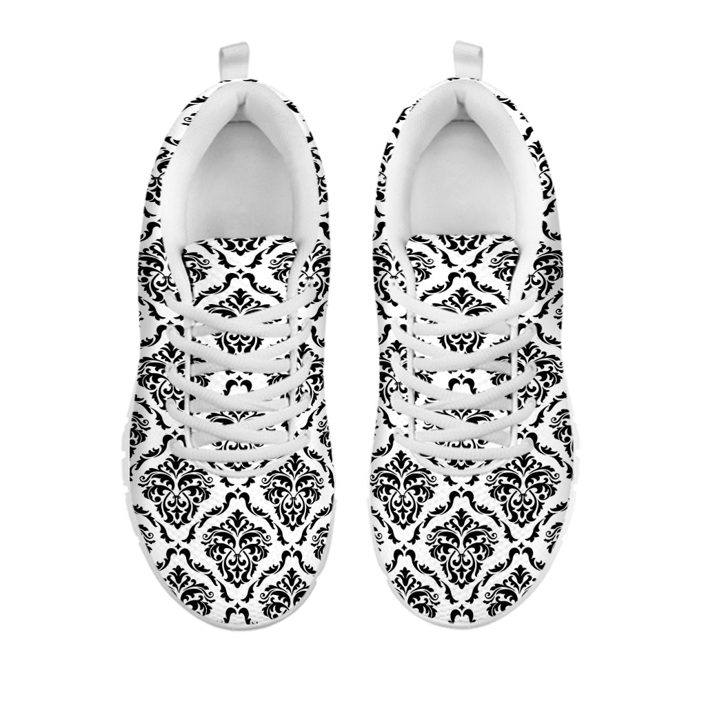 White And Black Damask Pattern Print White Sneakers