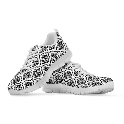 White And Black Damask Pattern Print White Sneakers