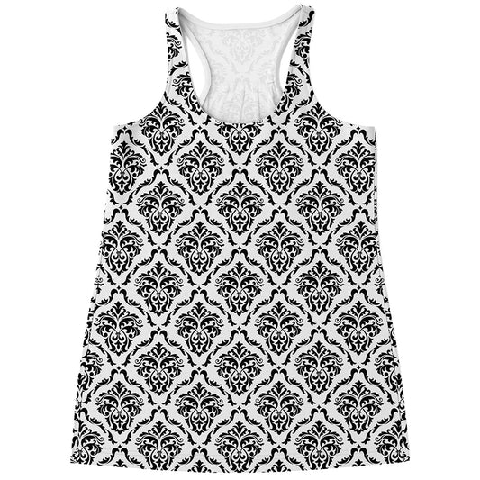 White And Black Damask Pattern Print Women's Racerback Tank Top