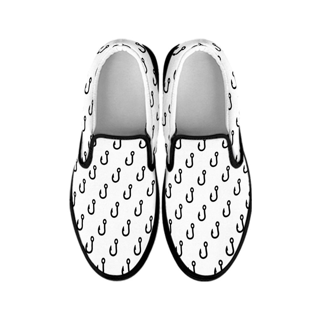 White And Black Fishing Hooks Print Black Slip On Shoes