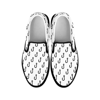 White And Black Fishing Hooks Print Black Slip On Shoes