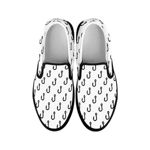 White And Black Fishing Hooks Print Black Slip On Shoes