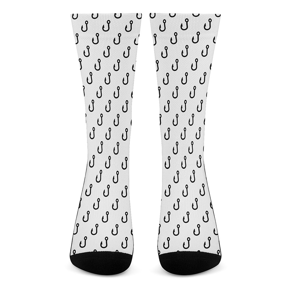 White And Black Fishing Hooks Print Crew Socks