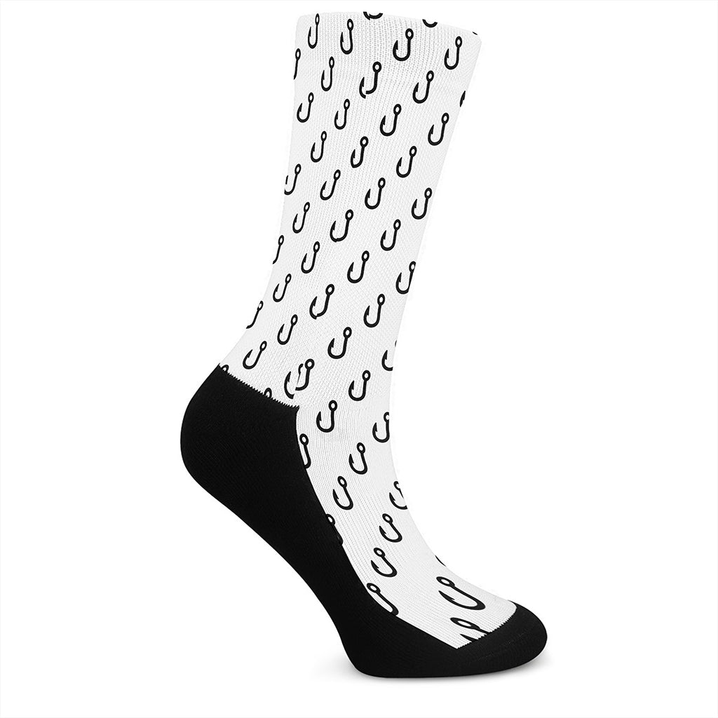 White And Black Fishing Hooks Print Crew Socks