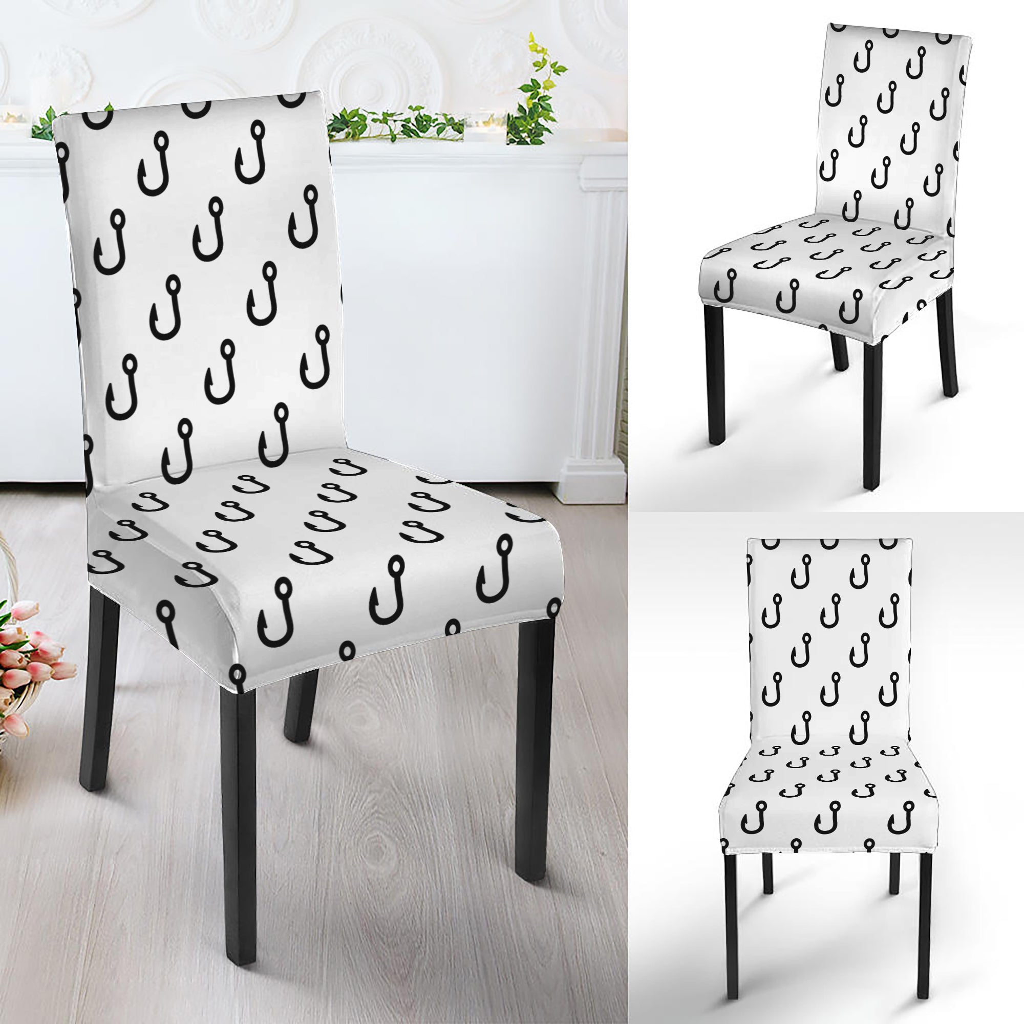 White And Black Fishing Hooks Print Dining Chair Slipcover