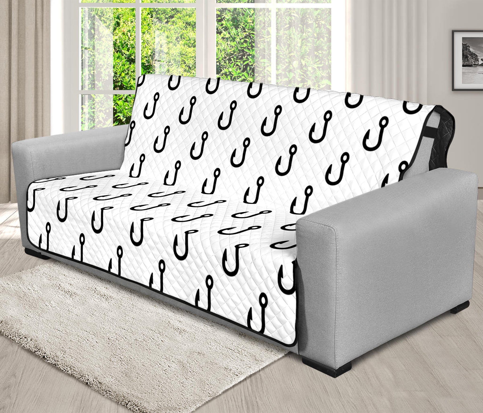 White And Black Fishing Hooks Print Futon Protector