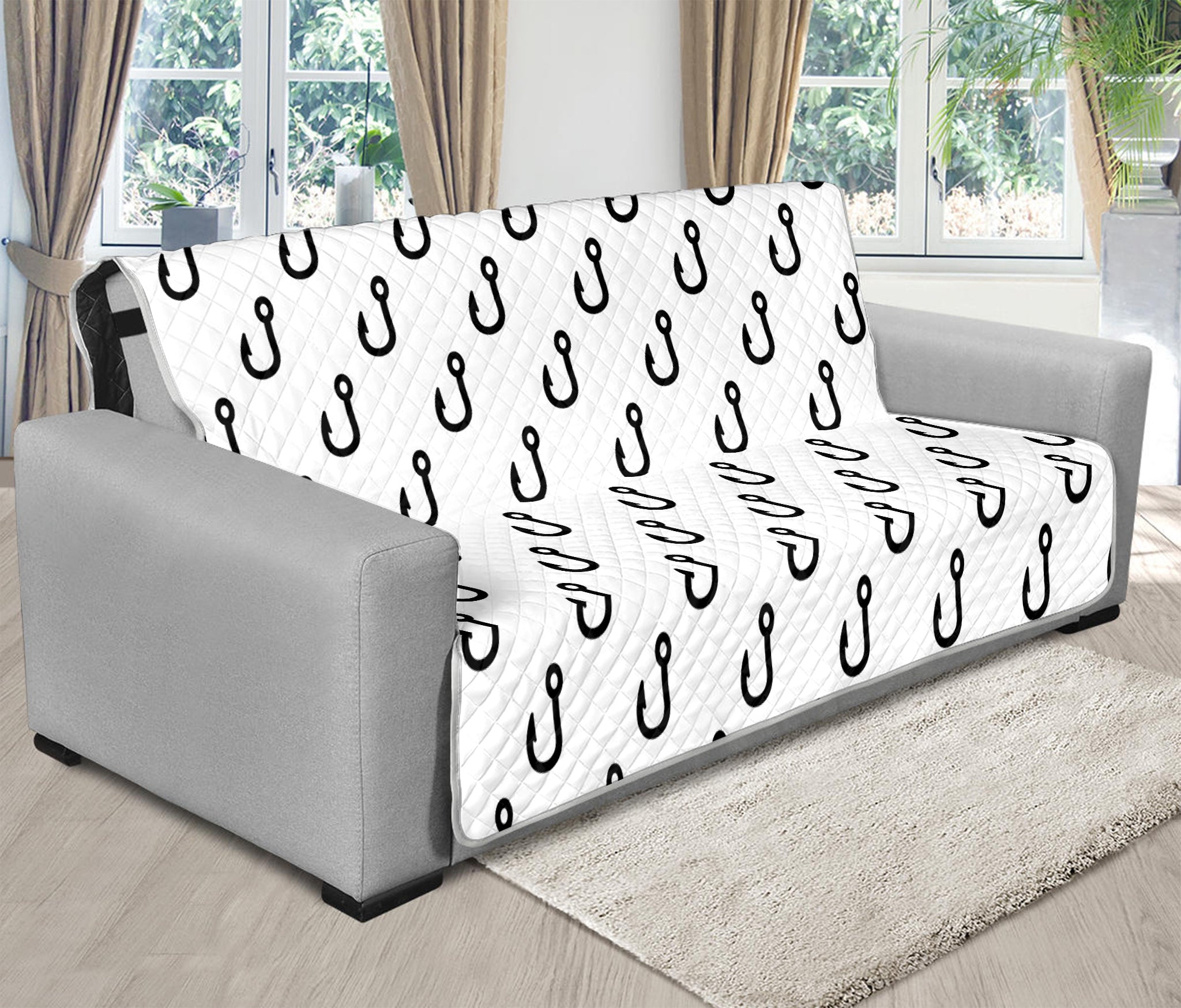 White And Black Fishing Hooks Print Futon Protector