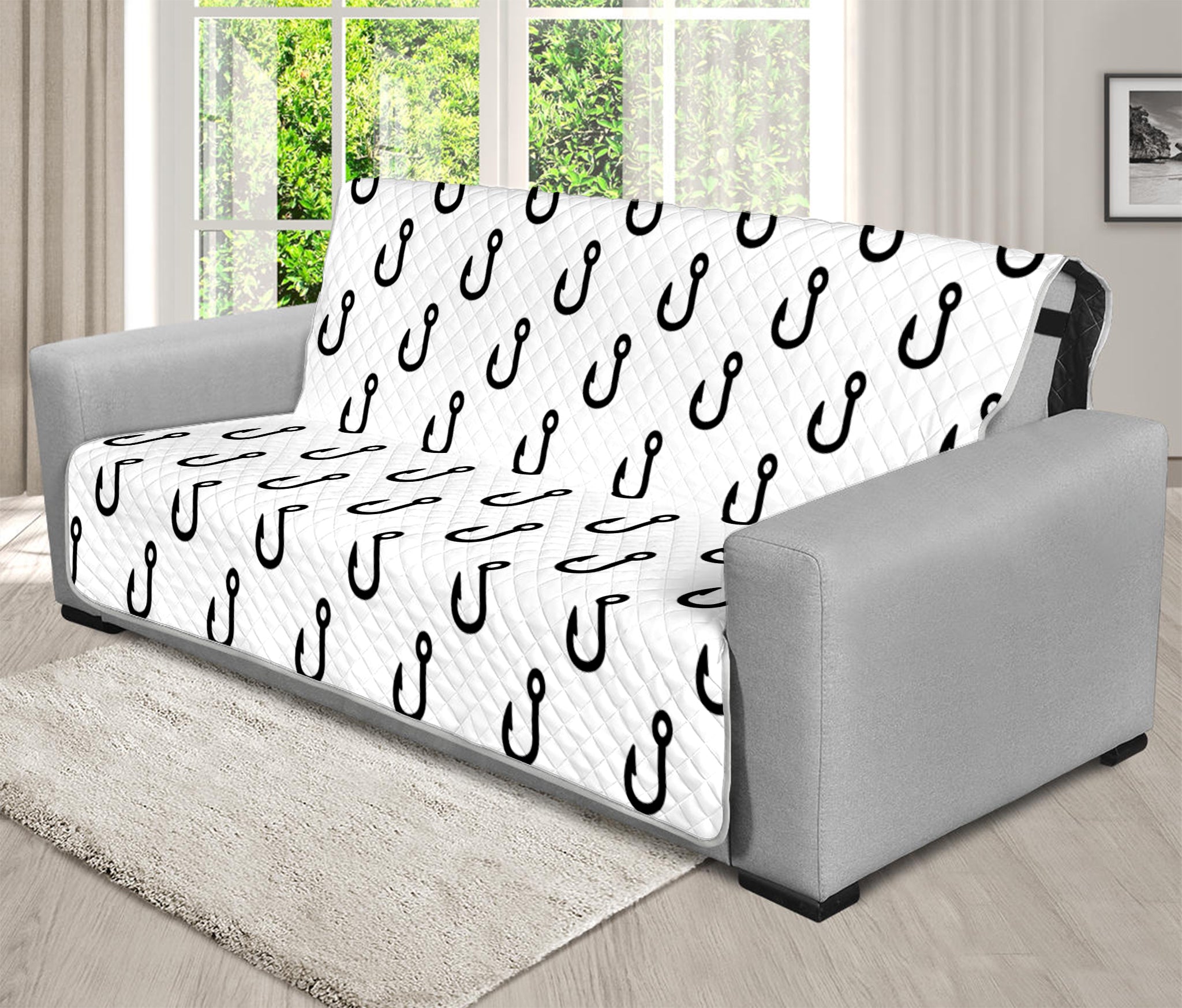 White And Black Fishing Hooks Print Futon Protector